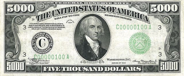 640px US 5000 1934 Federal Reserve Note